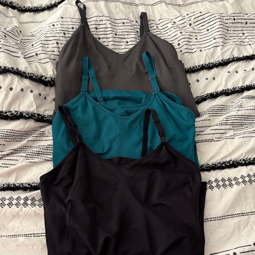 Set of Three Maternity/Breastfeeding Camisoles in Black, Teal, and Gray